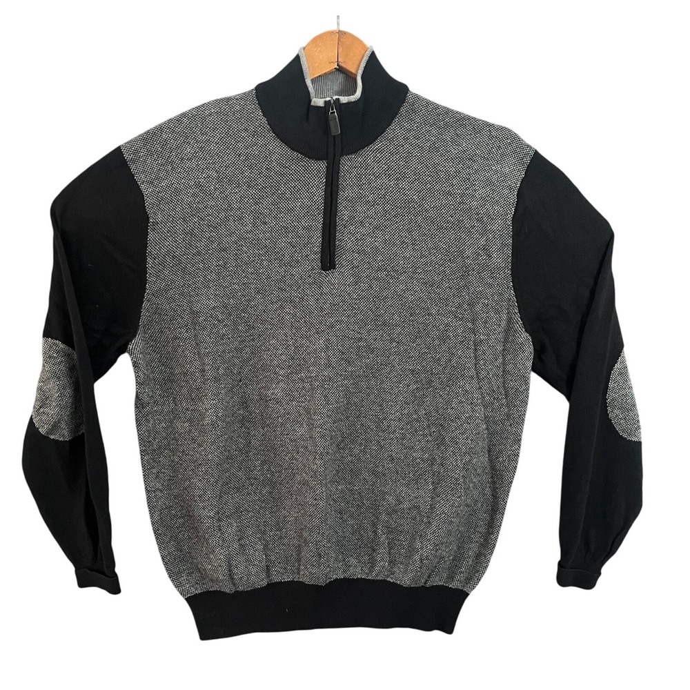 Joseph A Bank Mens Large 95% Cotton 5% Cashmere 1/4 Zip Sweater Black Gray
